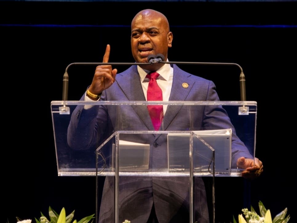 Newark Mayor Ras Baraka speaks during his annual state of the city address on March 31, 2026.