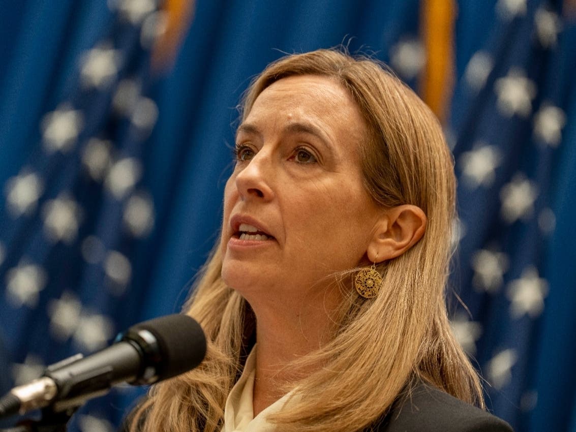 New Jersey Gov. Mikie Sherrill speaks during a press conference in the media room of the statehouse in Trenton, N.J. on July 21, 2026.