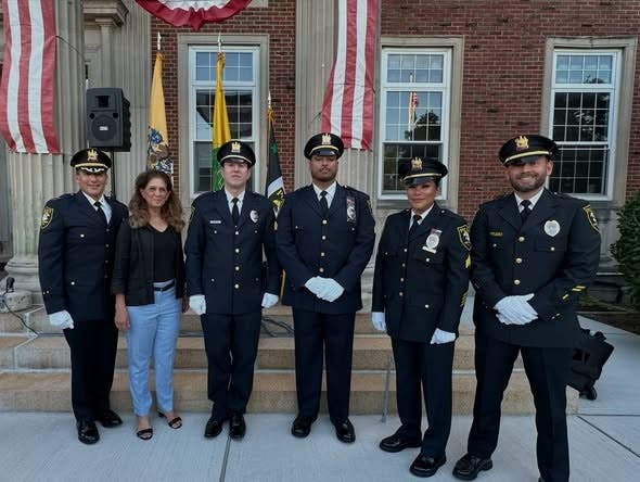 From left: Chief Matt Feula, Mayor Susan McCartney, Sgt. Noah Herskovitz, Sgt. Lawrence Dominquez, Sgt. Karen Mango, and Sgt. Sebastian de Leon