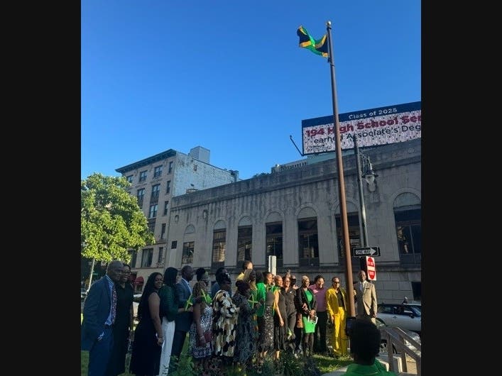 A flag raising ceremony for Jamaica takes place in Newark, NJ on Aug. 3, 2026.