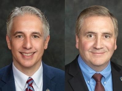 New Jersey assembly members Christopher DePhillips (left) and Brian Rumpf (right) are calling for tighter state spending. Gov. Mikie Sherrill signed the NJ Legislature's latest spending bill earlier this year.