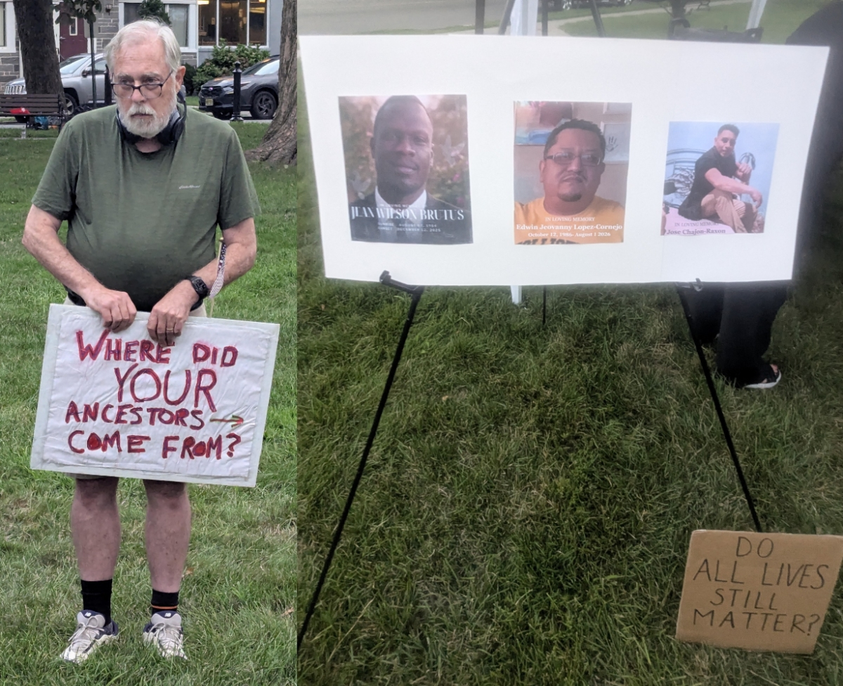 Anti-ICE protesters recently held two separate rallies in Montclair and Bloomfield, NJ. Above, a photo composite shows the scene of a vigil in Bloomfield on Aug. 22, 2026.