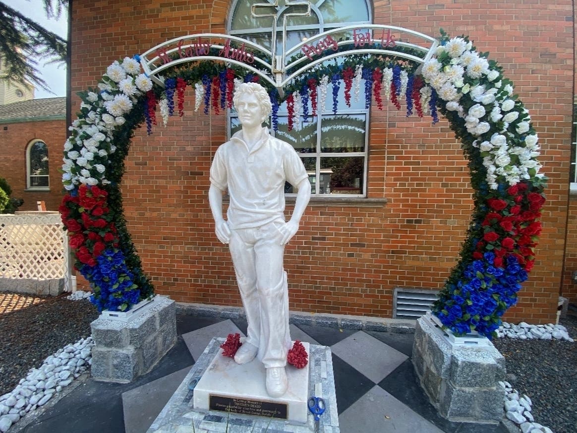 The newly blessed statue of St. Carlo Acutis is on display outside Our Lady of Mount Carmel Parish in Essex County, NJ.