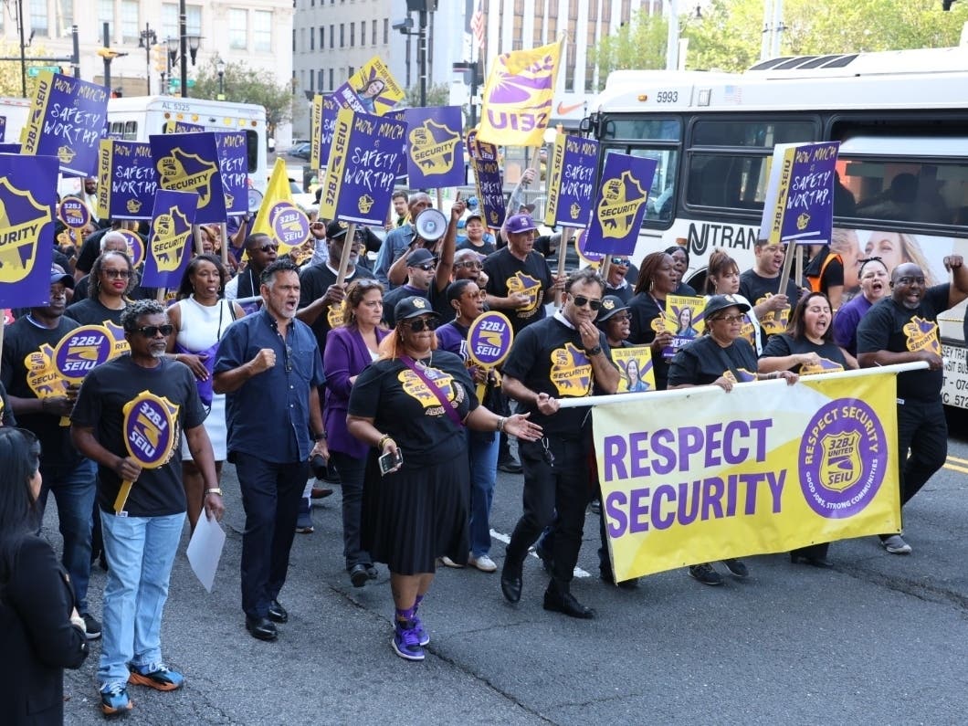 Security officers affiliated with 32BJSEIU and their supporters rally in Newark, New Jersey on Sept. 3, 2025.