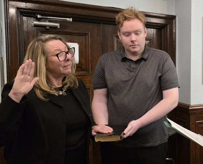 Susan Scarpa is elected by her peers as council president in West Orange, NJ on Jan. 6, 2026. Above, Scarpa takes the oath of office.