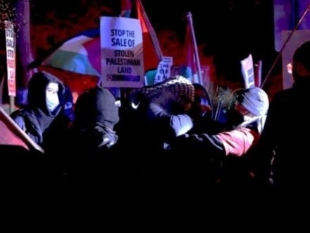 Pro-Palestine and pro-Israel supporters clash outside a synagogue in West Orange, NJ on Nov. 13, 2024.