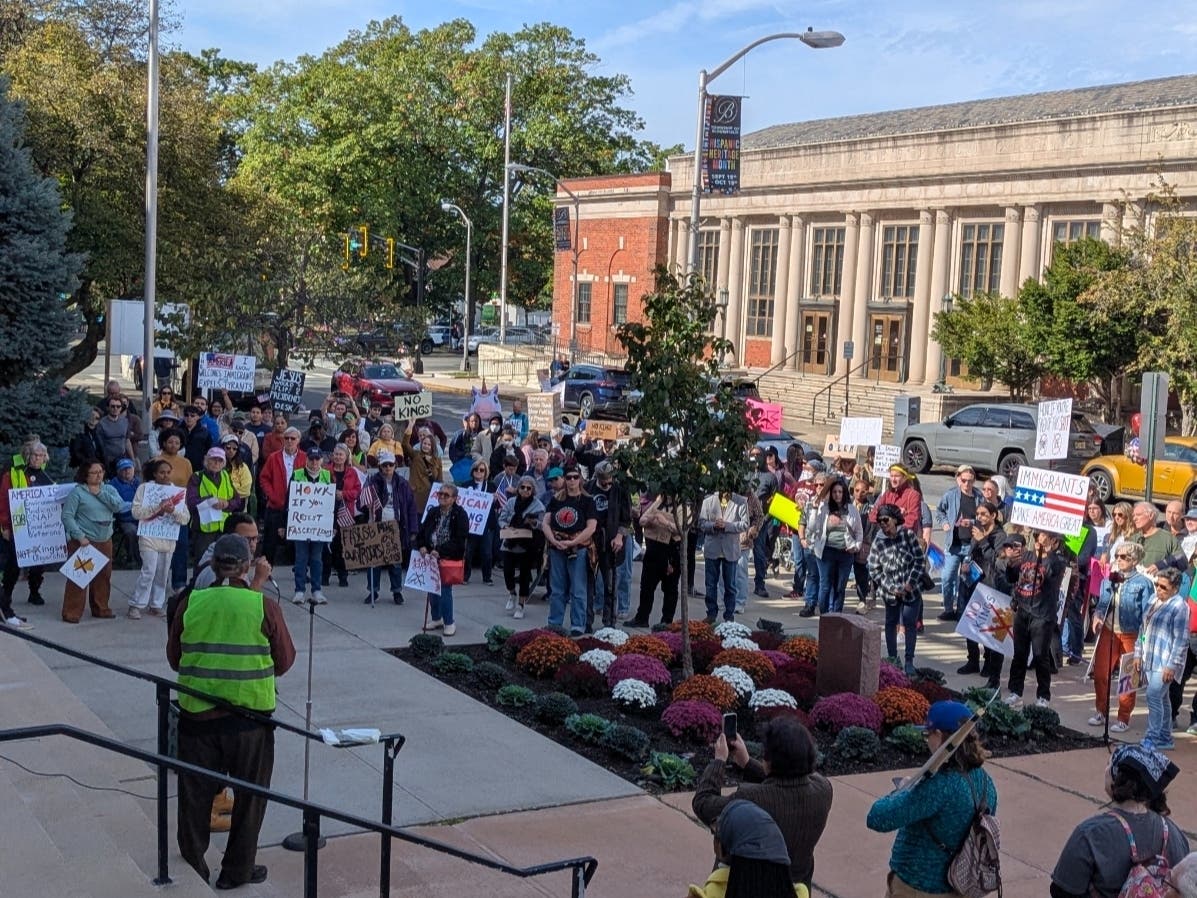 No Kings protesters rally in Bloomfield, NJ in October 2025.