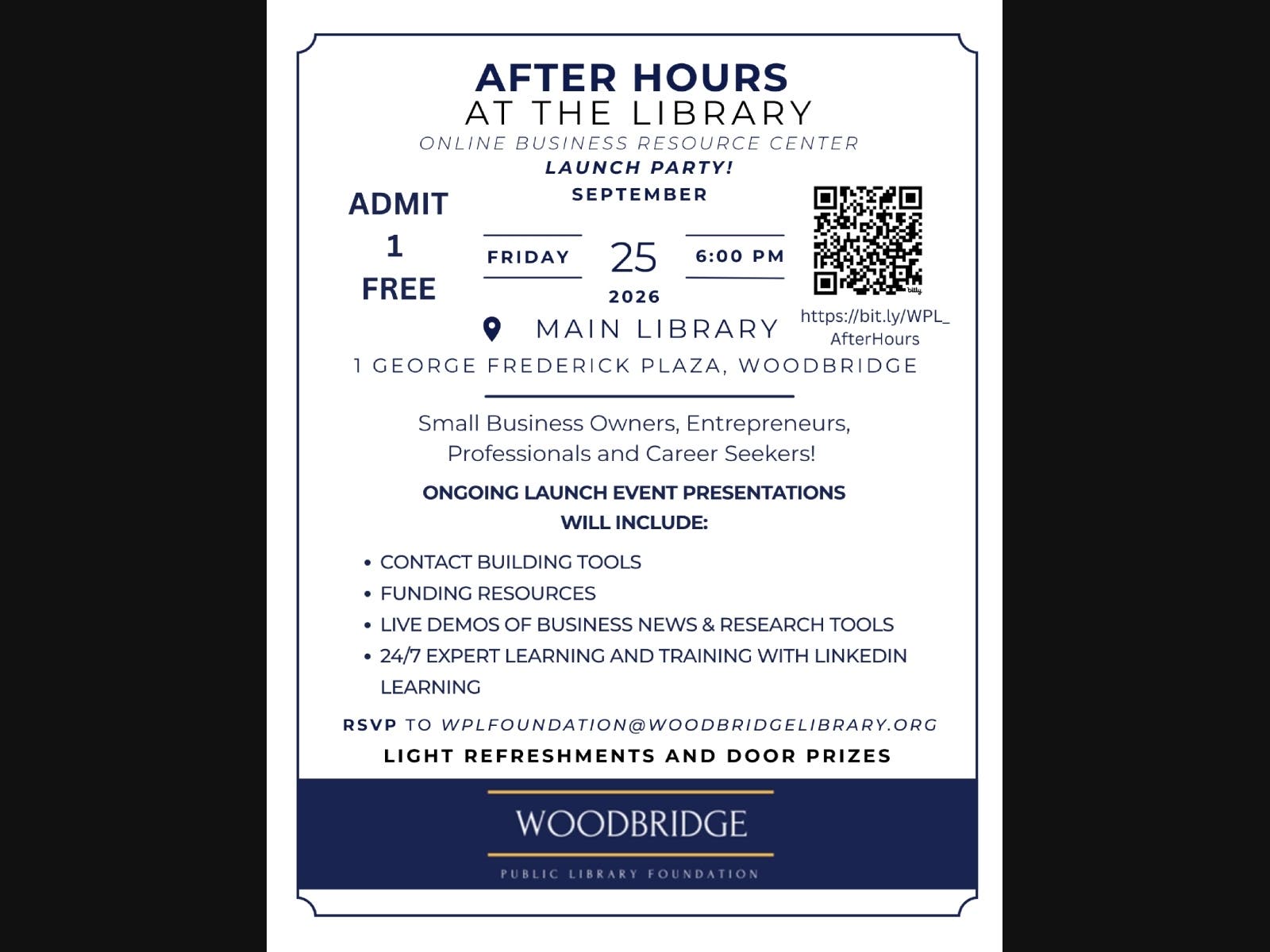 Woodbridge Public Library Foundation for a special event celebrating new Online Business Resource Center!