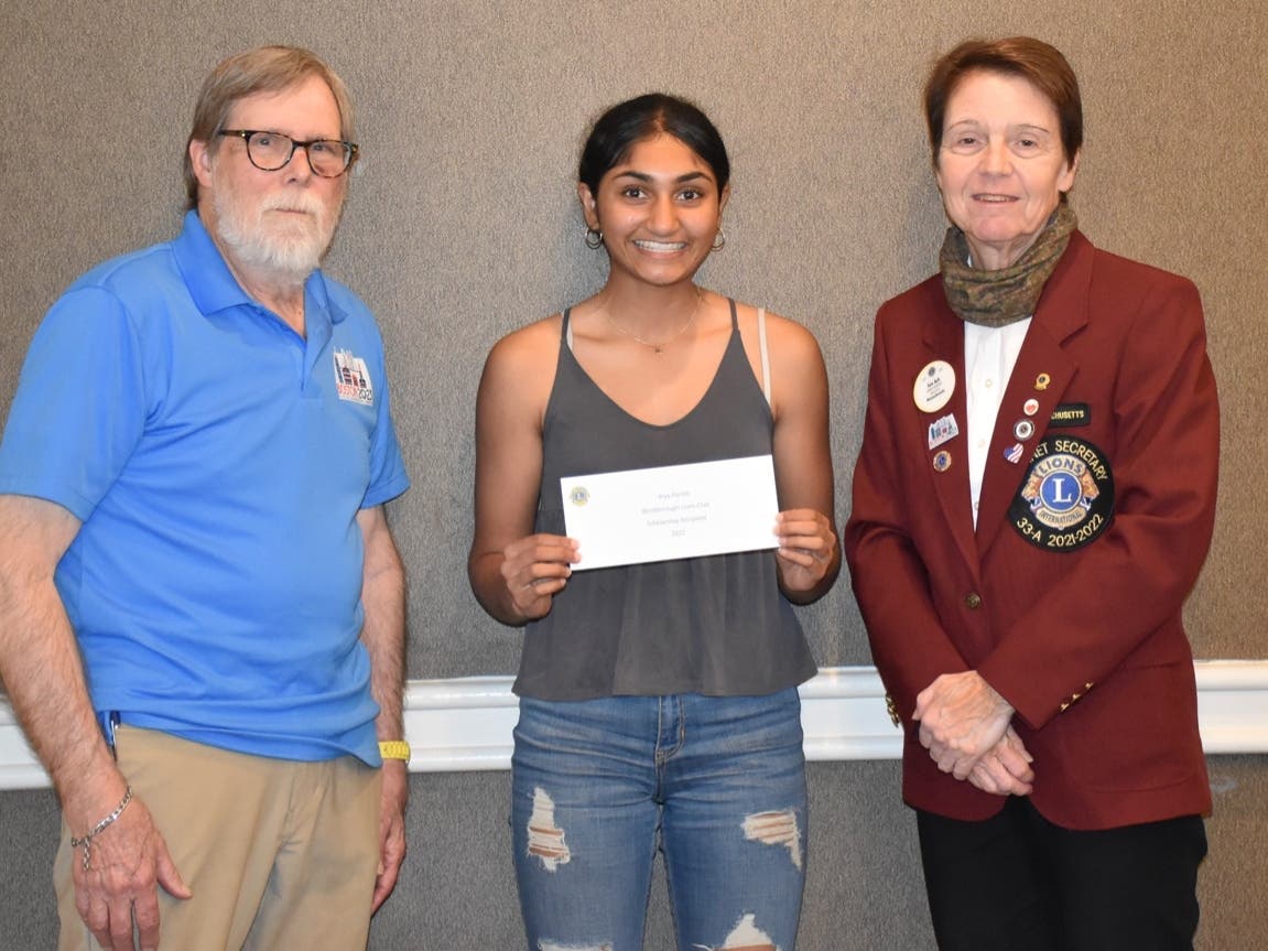 L to R: King Lion: Burton Christensen, Riya Parikh, District 33A Cabinet Secretary and Scholarship Committee Chair: Susan Ash