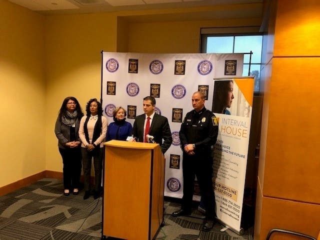 From left to right: Jen Lopez, Ada Alers and Mary-Jane Foster of Interval House join Lt. Paul Cicero and Interim Police Chief Jason Thoday at Wednesday's announcement.