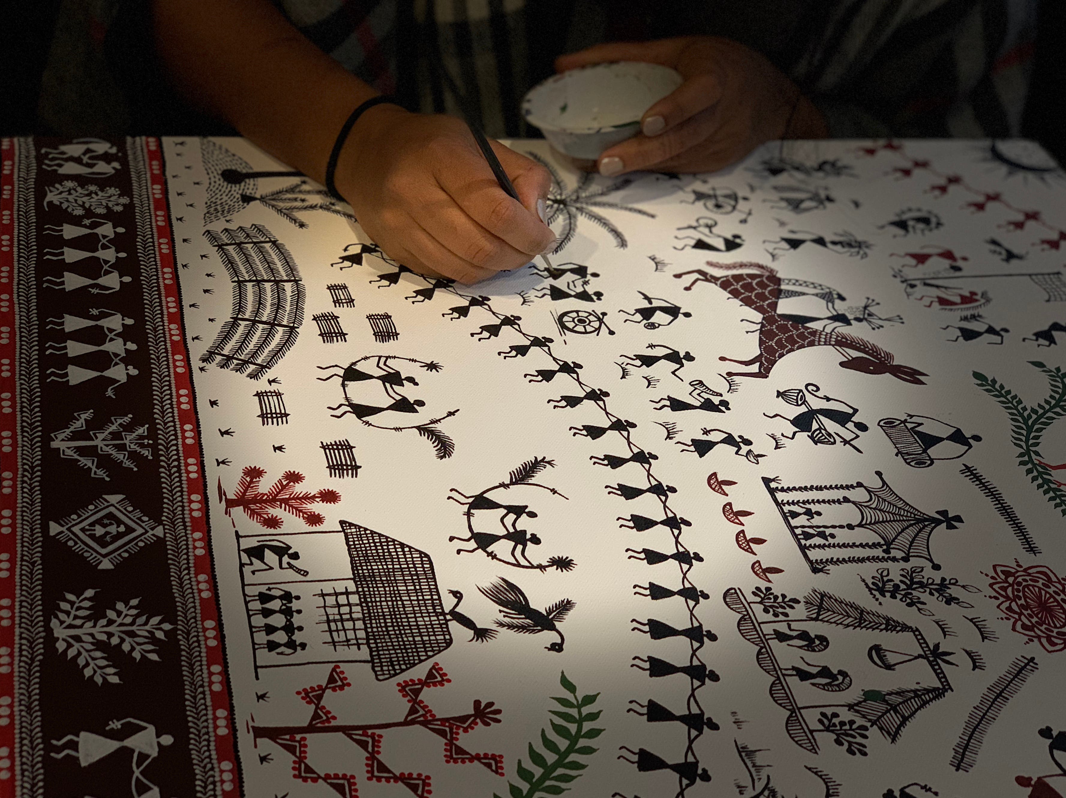 Warli tribal art from Western India, acrylic on canvas