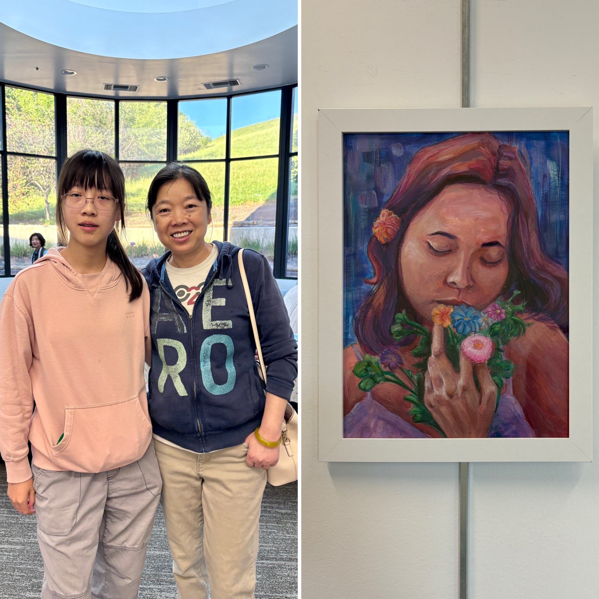 Youth Artist and Parent at Art Show Reception with portrait of young woman holding flowers