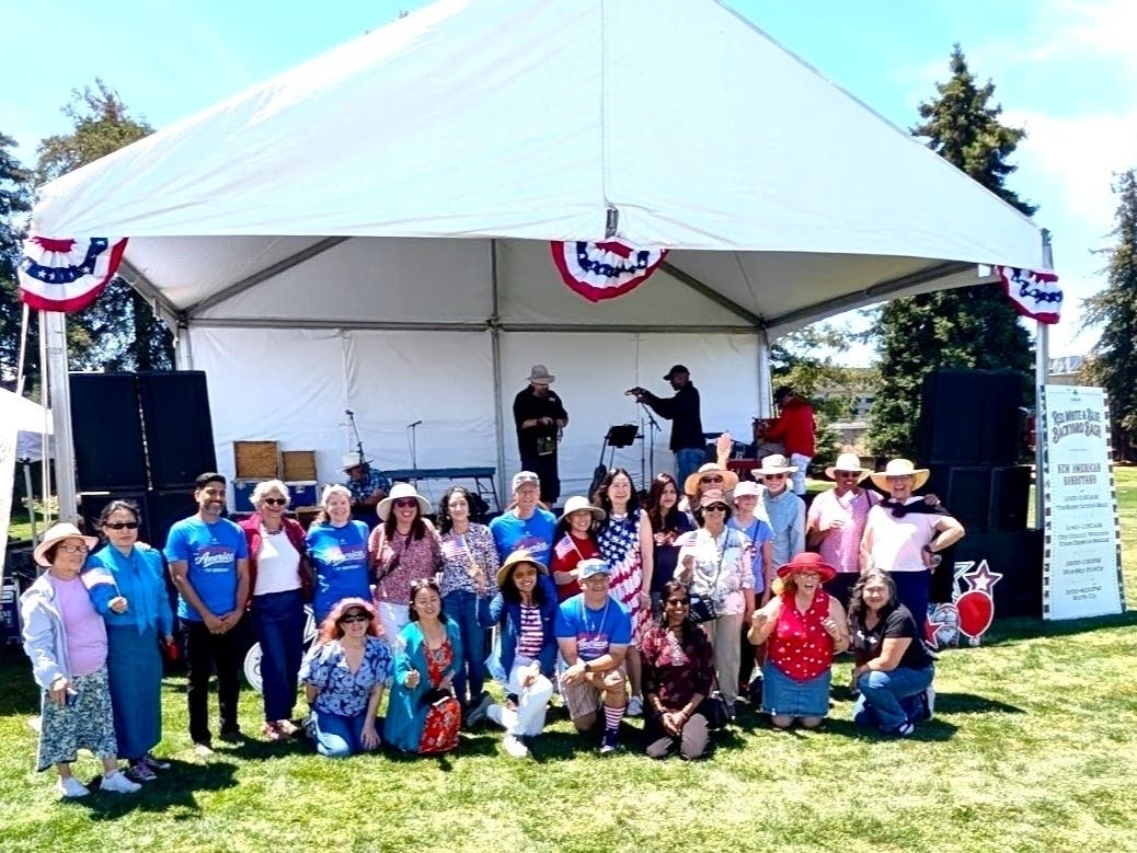 Gathering at the Red, White and Blue Backyard Bash for the Time Capsule Sealing Ceremony, Dublin City Councilmembers, Dublin Arts Collective members and Dublin Historical Society members.