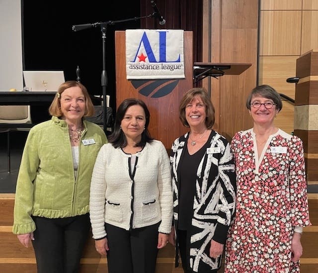 Assistance League Diablo Valley President Arlita Smith (l), Community Partners Chair and Vice Chair Linda Mercer and Pam Pitts (r) thank Carolina Alas Hemphill for her impact.