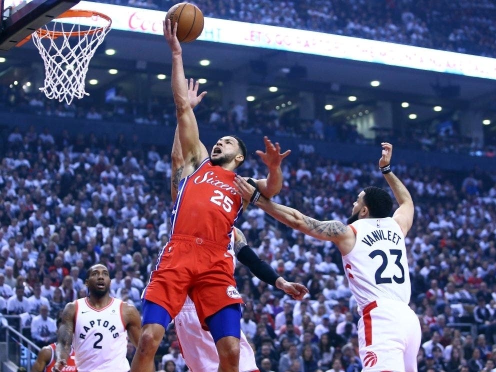 Ben Simmons drives to the basket during Game 7 against the Toronto Raptors Sunday night. 
