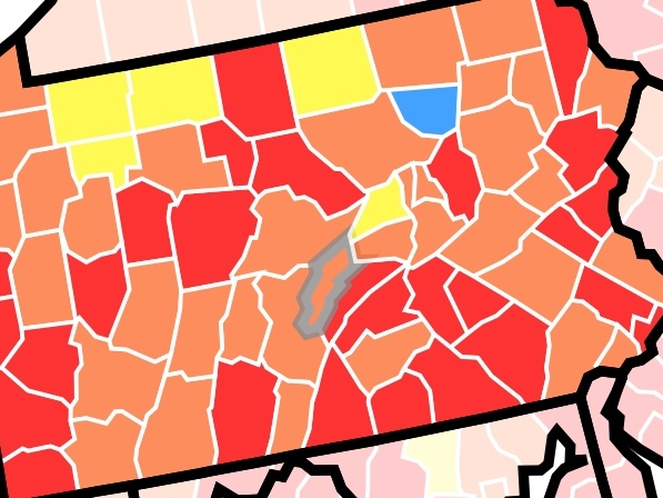 Most of Pennsylvania is now in the CDC's "high" or "substantial" transmission categories. Red counties are high, and orange are substantial. 