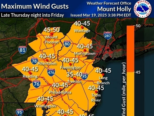 Powerful wind gusts and colder temperatures will swing into eastern Pennsylvania overnight Thursday into Friday, the National Weather Service said.  