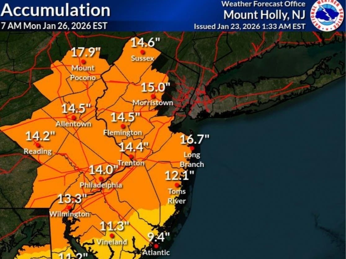 Snowfall accumulations are up in the latest forecast for the snowstorm in eastern Pennsylvania. 