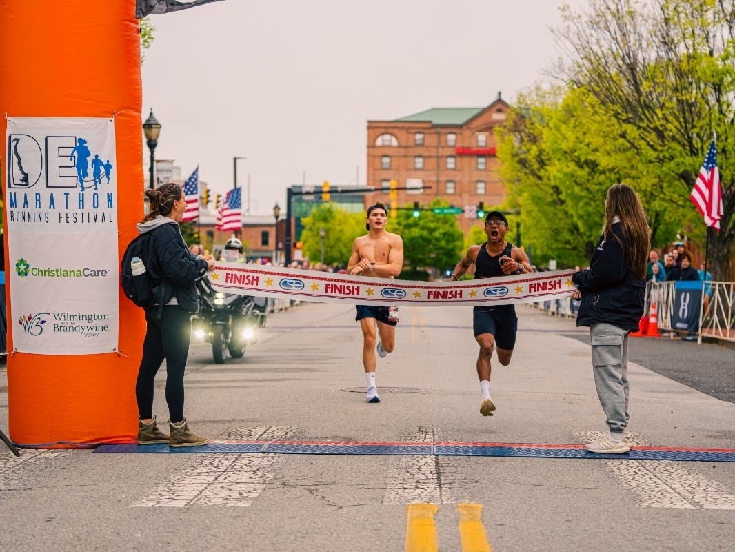 Pottstown's Joshua Jackson won a thrilling sprint finish in the Delaware Marathon over Carson Mello Sunday. 
