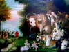 This is Edward Hick's most famous painting, the Peaceable Kingdom, one of over 60 renditions of the subject, inspired by the book of Isaiah prophesying that in God's  Peaceable Kingdom, "the lamb will lie down with the lion" and all will be at peace 