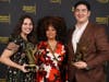 Kim Fields, center, with Madison Hill, left, and Andrew Kamman Rhee of Brigham Young University, winners of the 'Commercial, PSA or Promo' Award for "eBay - Dear Vanessa" at the 42nd College Television Awards 