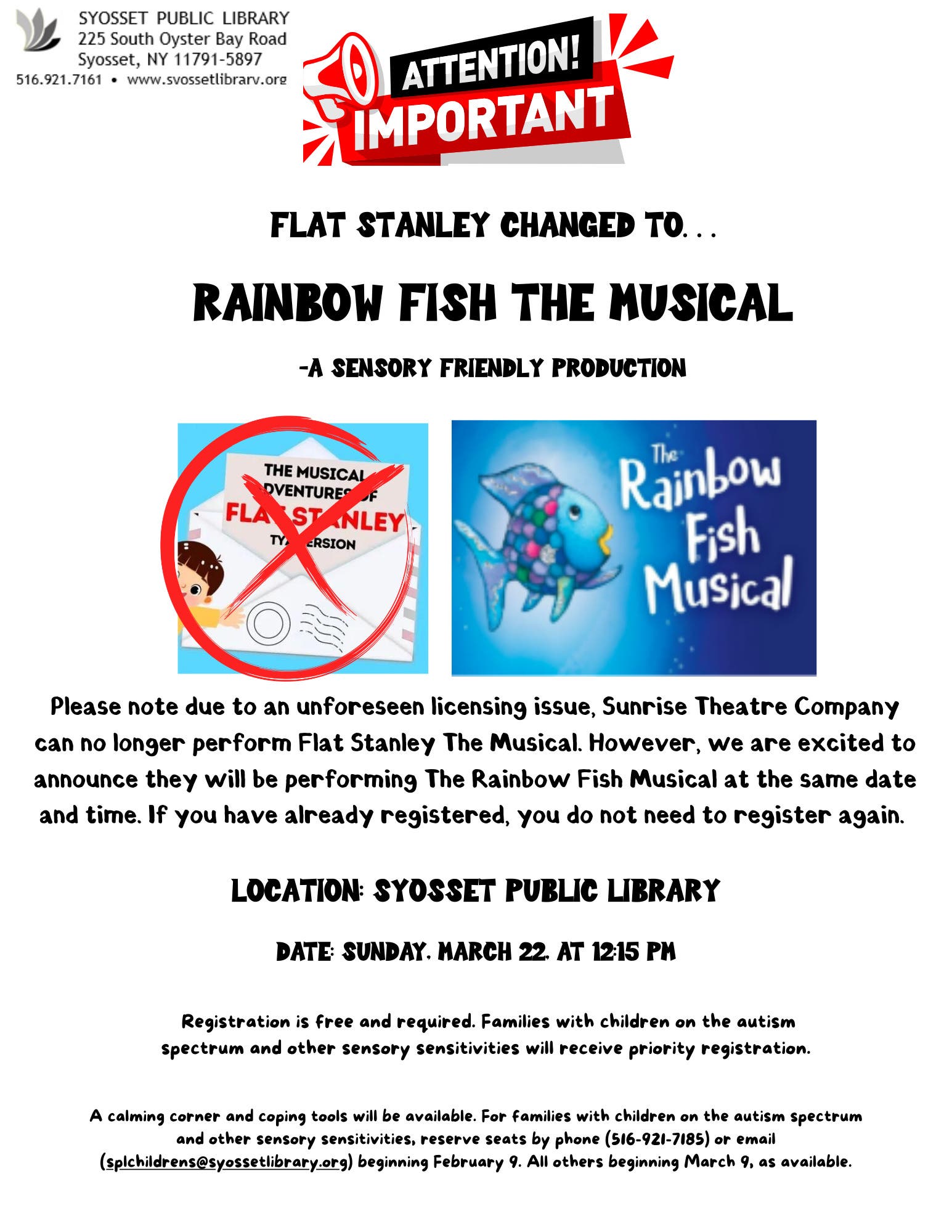 Sensory Friendly Musical at Syosset Public Library-The Rainbow Fish Musical
