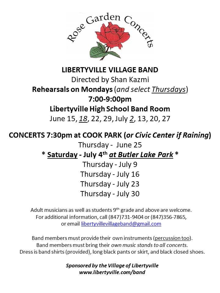 Libertyville VILLAGE BAND SUMMER 2026 ROSE GARDEN CONCERTS