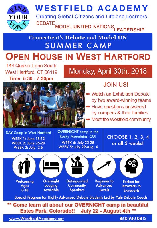 OPEN HOUSE for CT and Colorado Debate Summer Camps