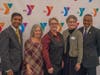  President & CEO Laurie Goganzer (center) and Chief Volunteer Officer Michael A. Wright with YMCA recipients of social good awards (L to R)  Ritesh Shah, Kelly Ellis-Foster and Suzanne Dyer. 