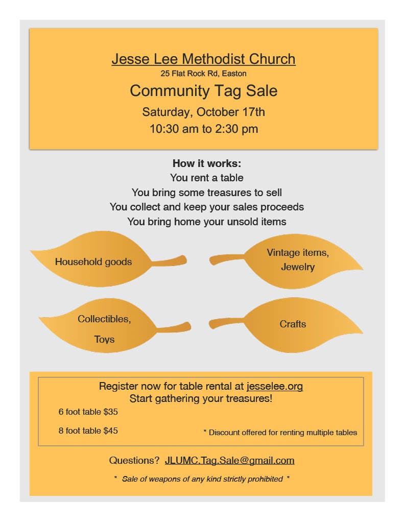 Jesse Lee UMC Easton CT - TAG SALE - RENT A TABLE FOR YOUR GOODS TO SELL