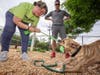 Workers from Amazon's Edison fulfillment center play with a dog at the Woodbridge Animal Shelter.