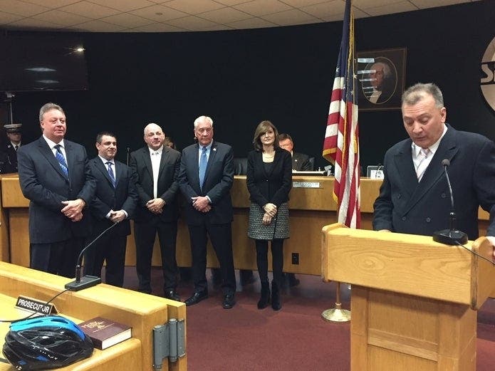 From left to right: Councilmen Mark Dehnert, Robert Constantino and John Gerbasio, William McKeever and Councilwoman Orietta Tringali with Secaucus Mayor Mike Gonnelli.