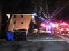 The burning apartment building on the 500 block of Benner Street in Highland Park Tuesday night.