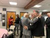 Congressman Bill Pascrell and Secaucus Mayor Mike Gonnelli greet each other Friday morning in the basement of the Tot Center, which is currently serving as the Senior Center until the new one is built.