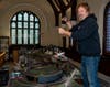 Michael Gelesky sets up the trains.