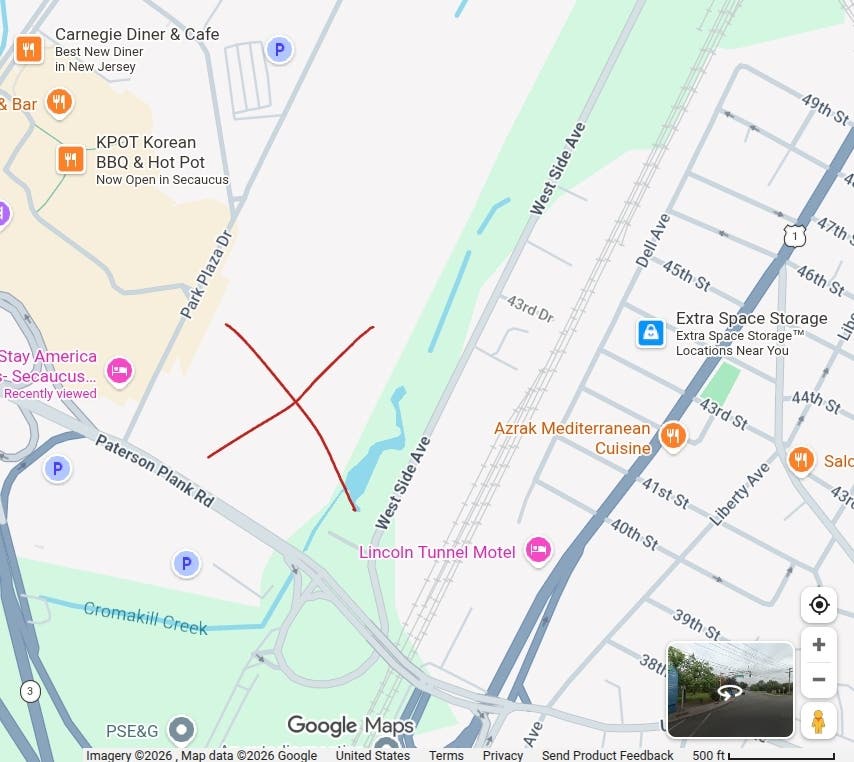 The red "X" shows where the 775,000-square-foot warehouse/data center would go. It's a piece of land the town calls the Mori Tract.