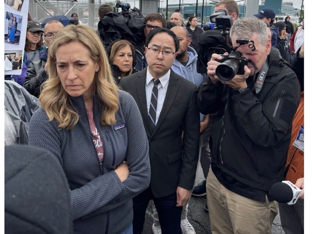 Gov. Mikie Sherrill and U.S. Senator Andy Kim outside Delaney Hall in Newark Monday. Kim was later pepper sprayed during a clash between protesters and ICE agents.