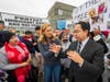 Gov. Mikie Sherrill and U.S. Senator Andy Kim outside Delaney Hall in Newark Monday. Kim was later pepper sprayed during a clash between protesters and ICE agents.