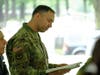 An active duty service member at the Memorial Day Mass at St. Gertrude Cemetery in Colonia.