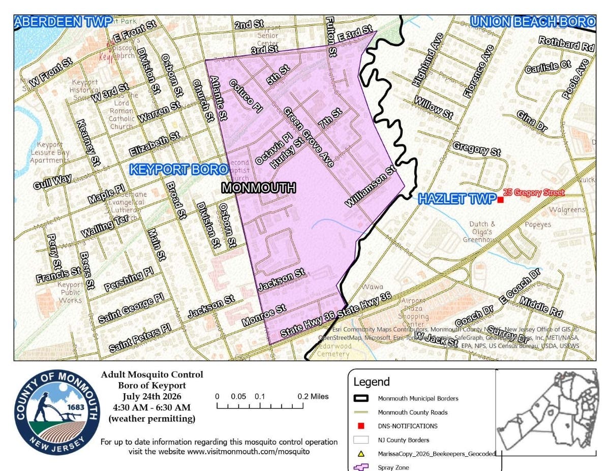 The area of Keyport that will be sprayed from 4:30 - 6:30 a.m. Friday.