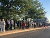 The line for ferry service out of Belford Tuesday morning.