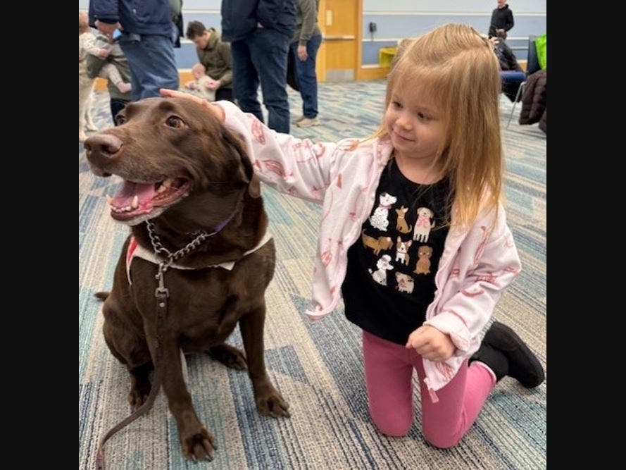 Library patrons enjoy Comfort Dogs Storytime at Orland Park Public Library, 14921 S. Ravinia Avenue. 