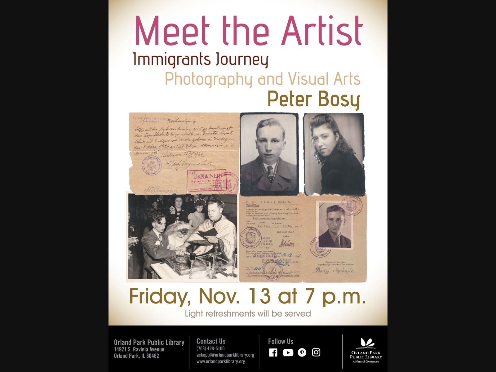 Artist of the Month, Peter Bosy, speaks to patrons on Friday, Nov. 13 at 7 p.m. at Orland Park Public Library, 14921 S. Ravinia Avenue.  
