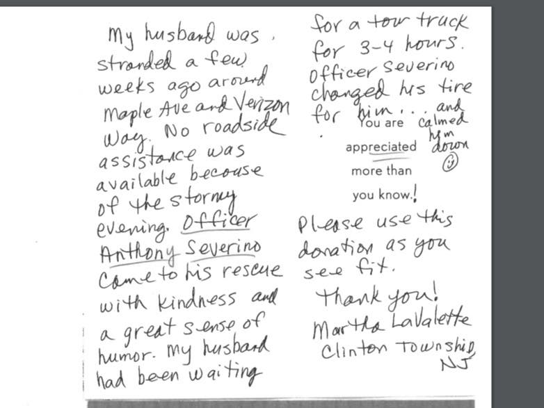 A grateful motorist's wife wrote a heartfelt letter and made a donation to the Bernards Township Police Department after a kind officer came to her husband's rescue.