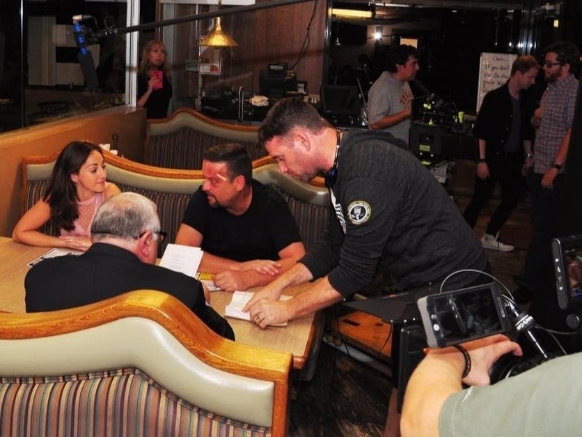 Filming the diner scene in Hook'd with co-directors Lenny Venito and Thomas Baldinger and actors Alli Kramer and Teddy Coluca.