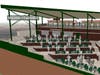 A social group area with tables and chairs in the right field with concessions.