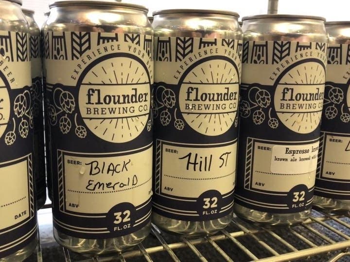 Flounder Brewing in Hillsborough selling growlers and crowler fills of 12 different beers and taking a lot of precautions for everyone’s health and safety.