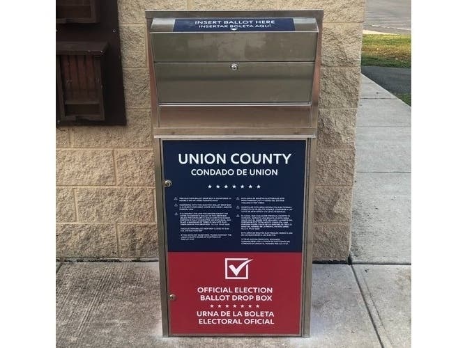 The Union County Board of Elections will install a total of 22 secure ballot drop-off boxes in Union County. Pictured here is a drop-off box located at 240 Snyder Avenue in Berkeley Heights. 