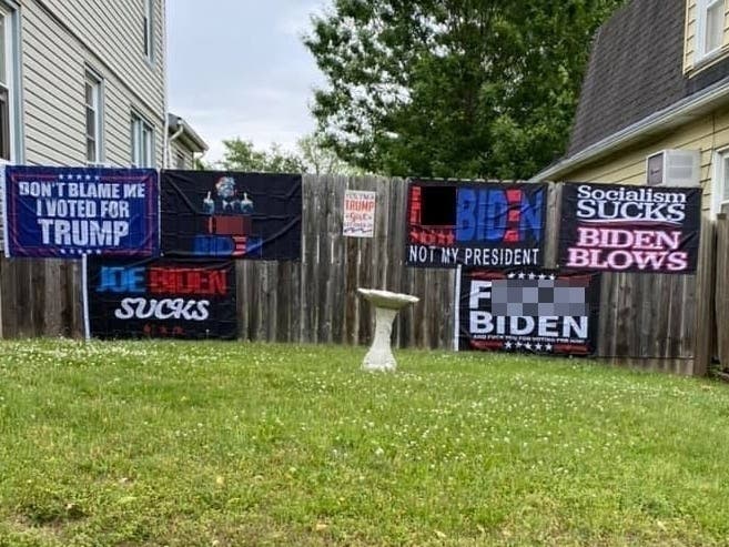 The anti-Biden, Pro-Trump flags are posted outside of the Roselle Park home.