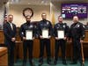 From left: Mayor Shawn Lipani, Officers John A. Johnson, Christopher Michaels, and Tyler Ott, and Police Chief Mike McMahon.
